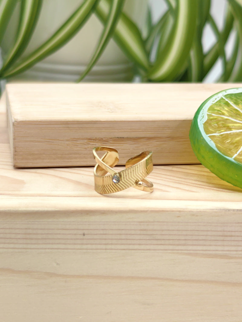 Bague croisé a strass et mini perle argenté réglable en acier inoxydable Glam Chic