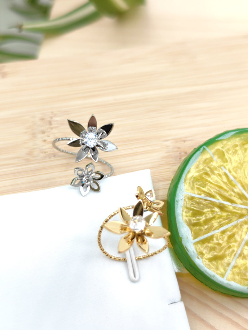 Bague réglable 2 fleurs avec strass en acier inoxydable Glam Chic