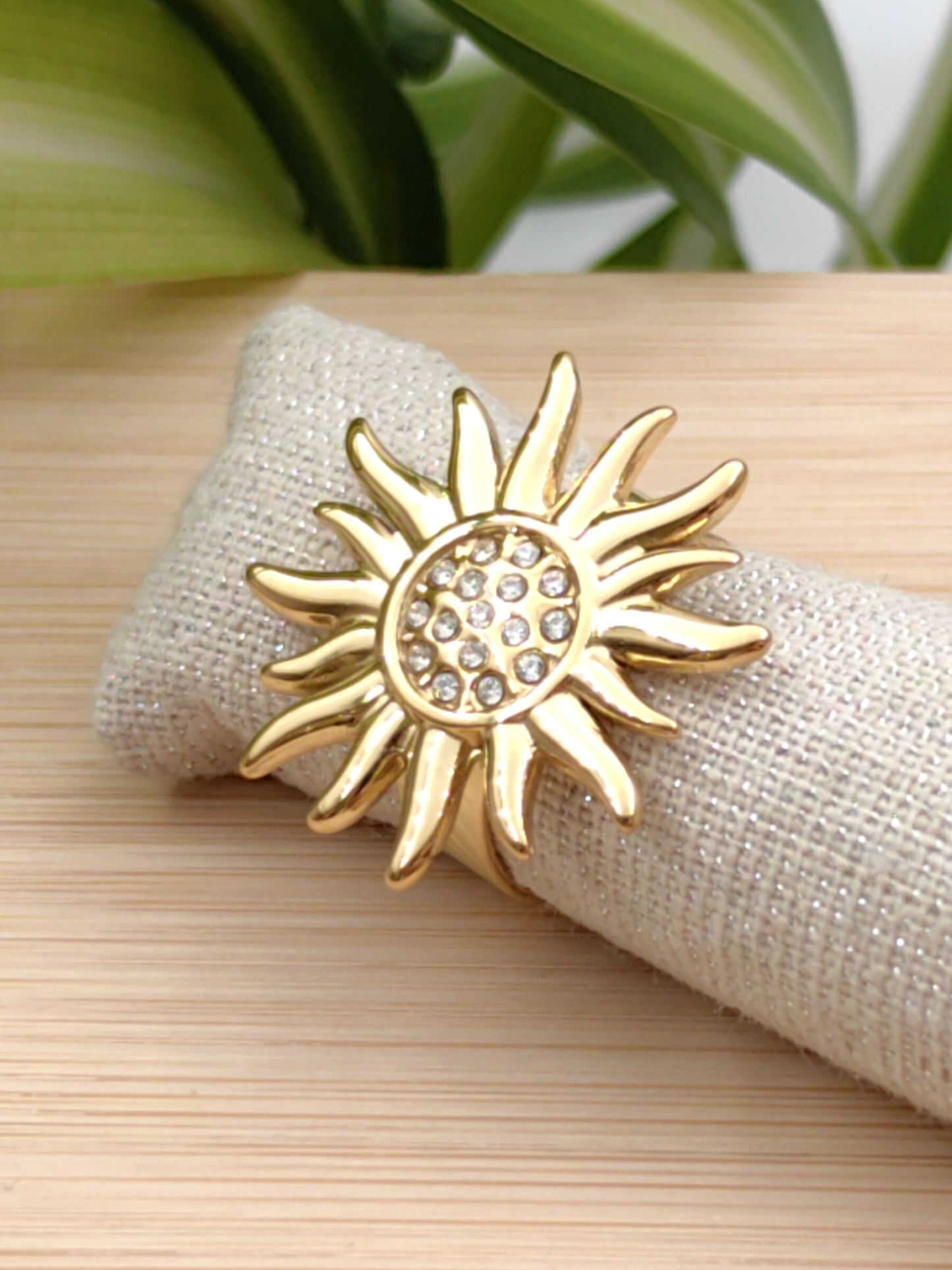 Bague réglable soleil avec strass en acier inoxydable