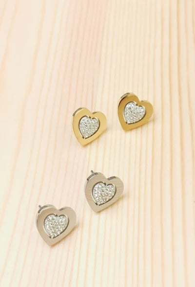 Boucle d'oreille coeur avec strass en acier inoxydable Glam Chic