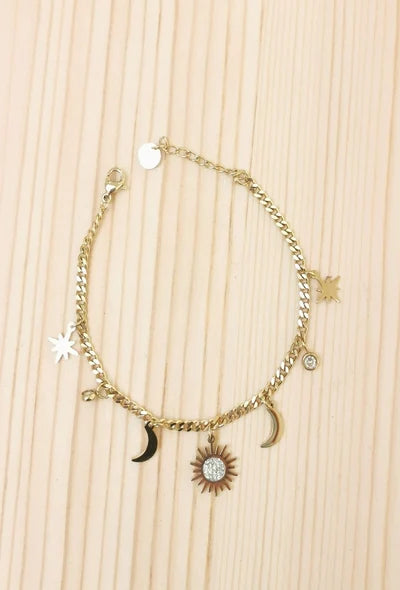 Bracelet breloque soleil avec strass en acier inoxydable Glam Chic