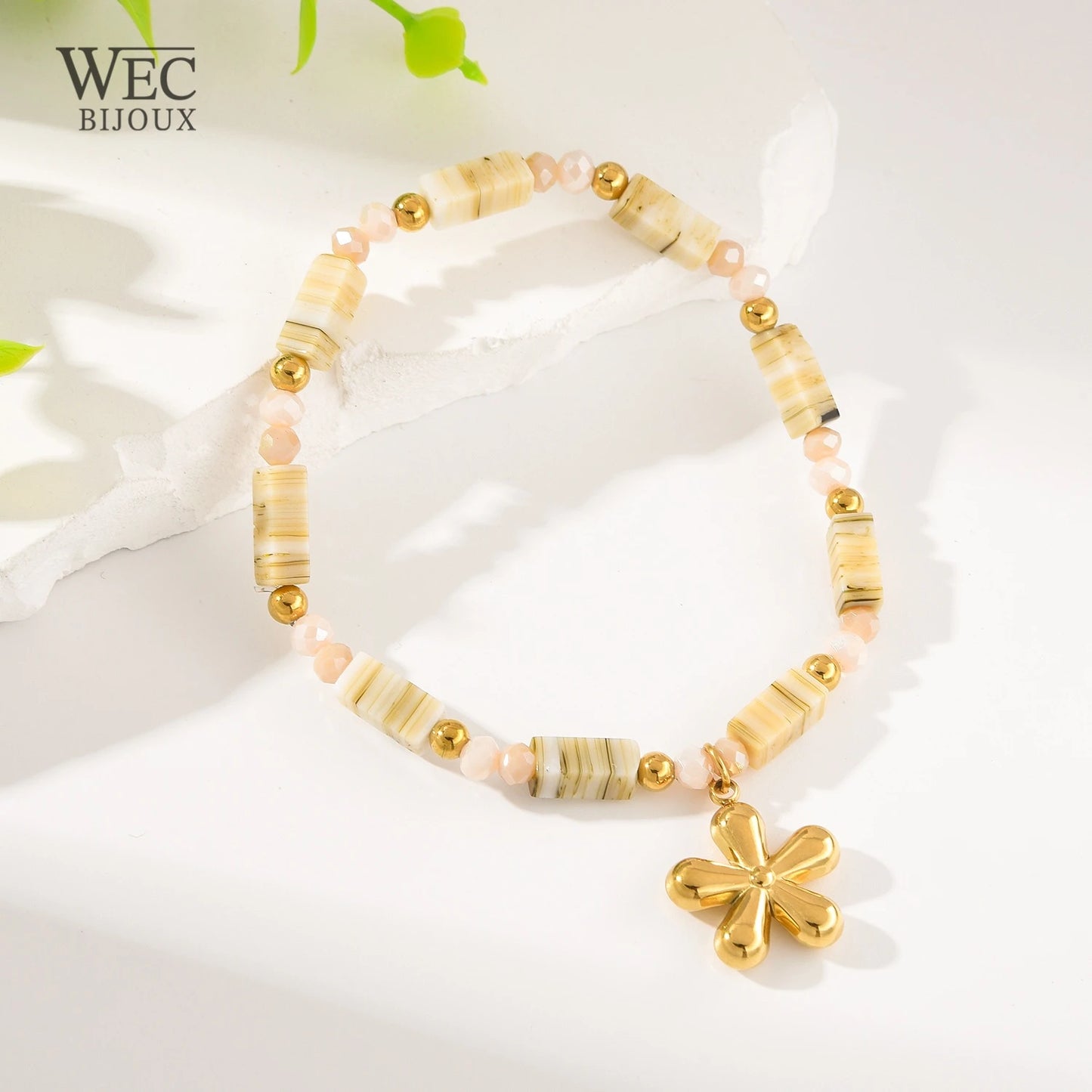 BRACELET ELASTIQUE EN ACIER INOXYDABLE,PIERRE ET FLEURS