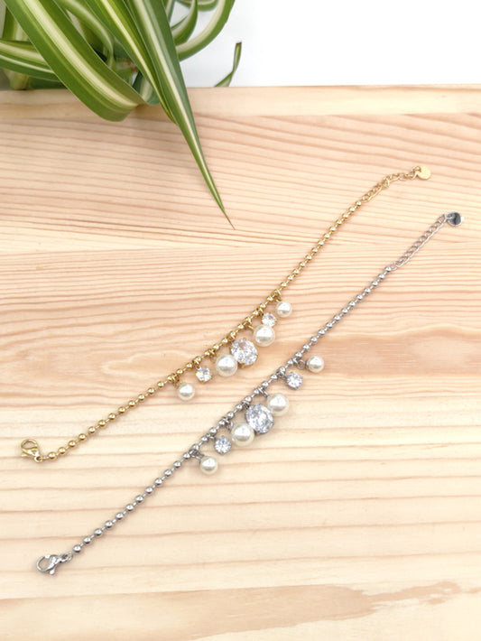 Bracelet perles blanches et strass en acier inoxydable Glam Chic