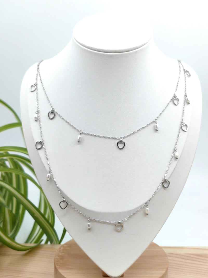 Collier double avec cœur et perle en acier inoxydable Glam Chic