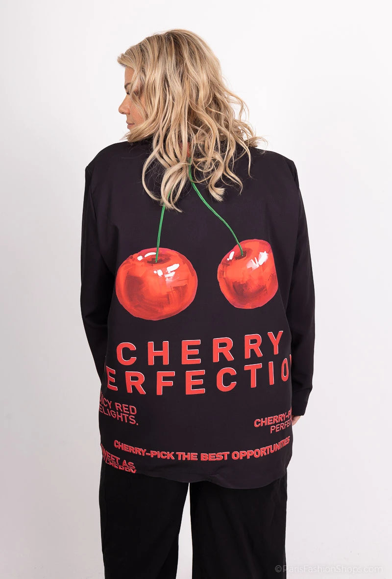 Amy&Clo - Blazer plus size noir imprimé "Cerise Perfection"