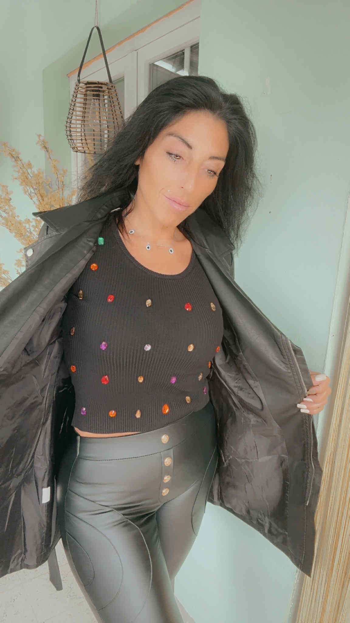 Legging avec Boutons Dorés Déco et Plis