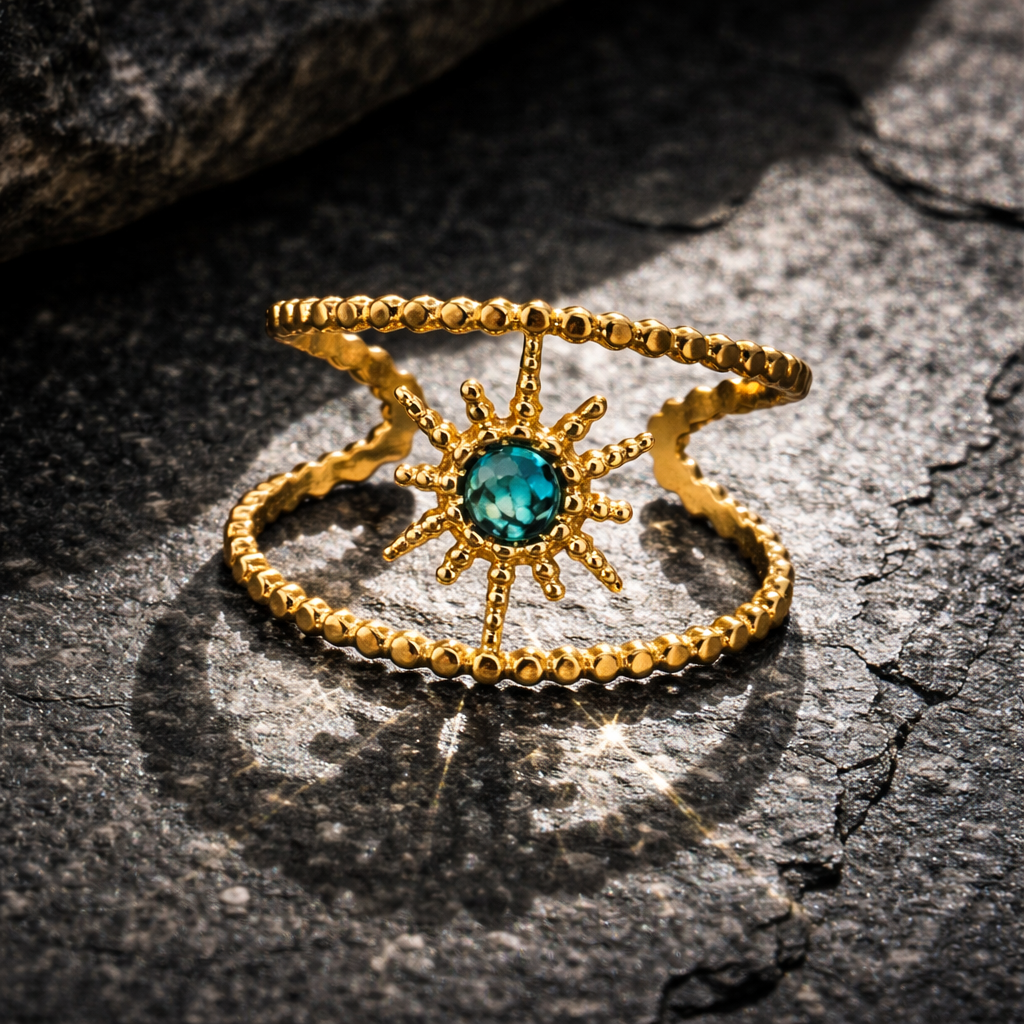 Bague acier étoile polaire avec pierre malachite