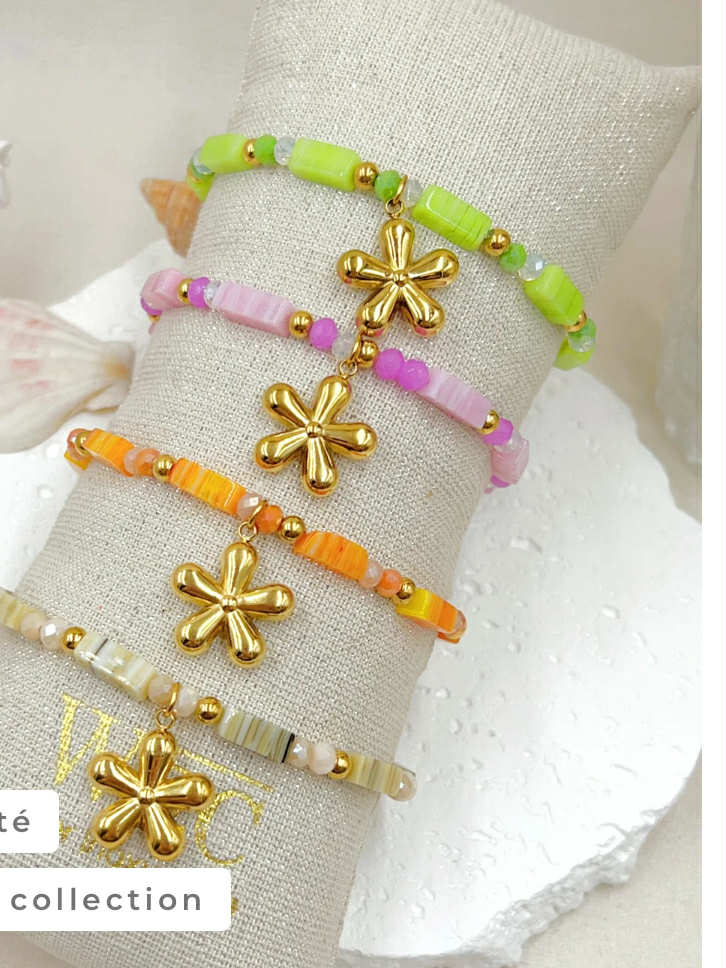 BRACELET ELASTIQUE EN ACIER INOXYDABLE,PIERRE ET FLEURS