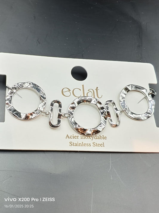 Bracelet Argenté Maillons Cercles Larges Et Oblongues Martelés