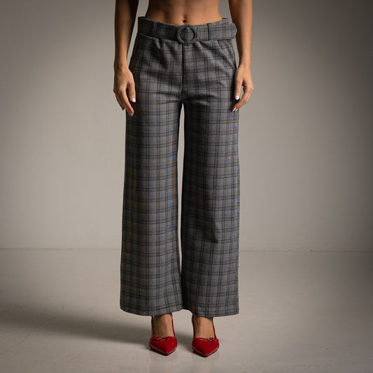 PANTALON À CARREAUX + CEINTURE DOUBLÉE