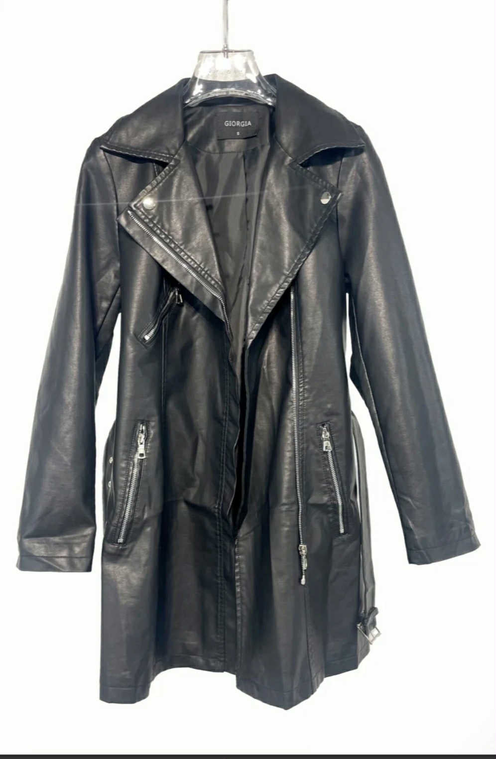 Trench mi long simili cuir à ceinture