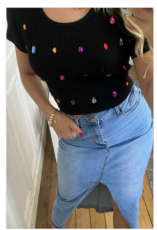 T-shirt côtelé manches courtes avec bijoux