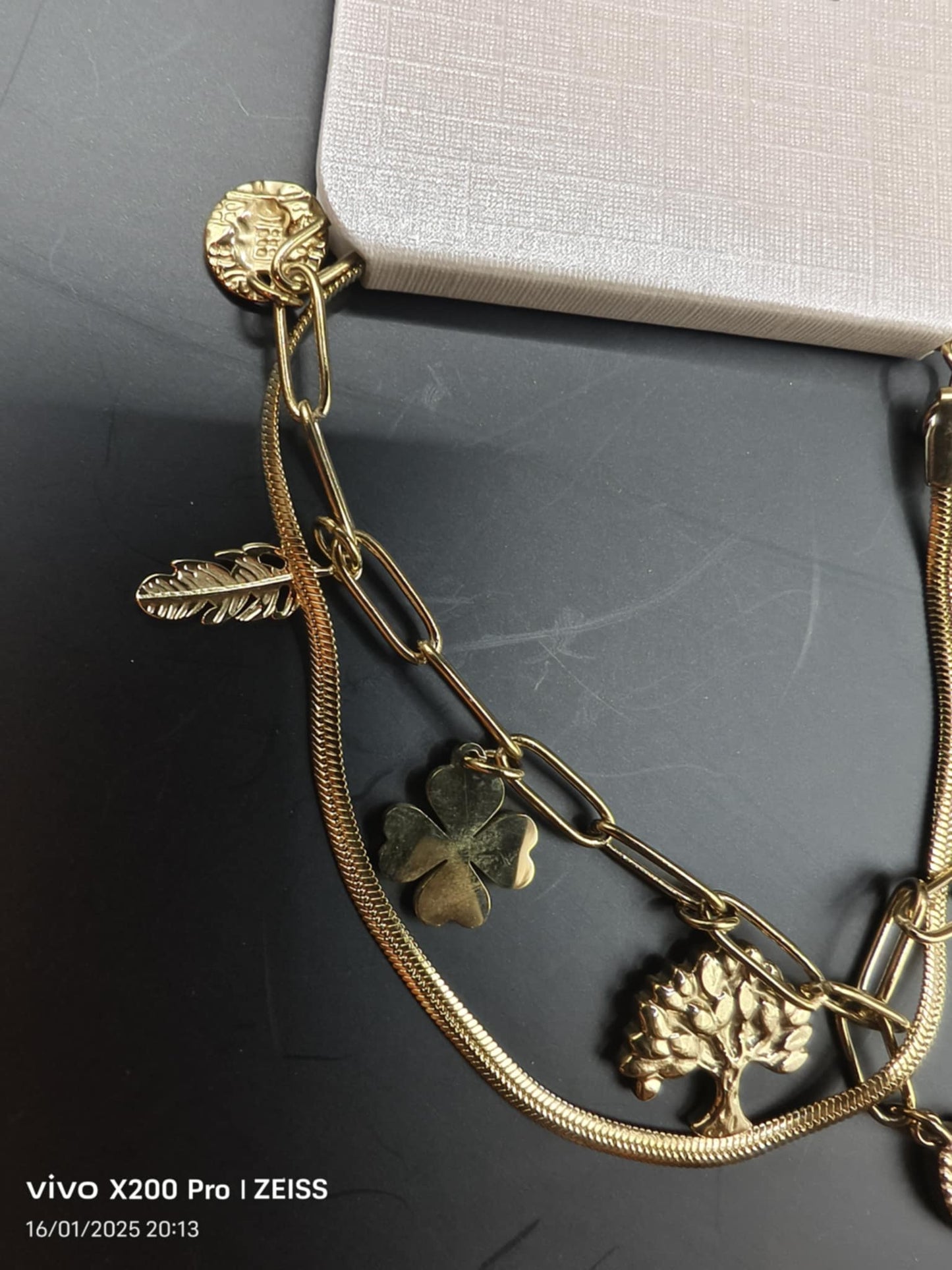 Bracelet 2 rangs - maille miroir avec fleur, trèfle, arbre de vie, plume Böhm