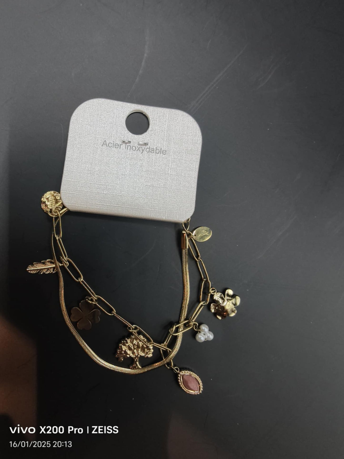 Bracelet 2 rangs - maille miroir avec fleur, trèfle, arbre de vie, plume Böhm