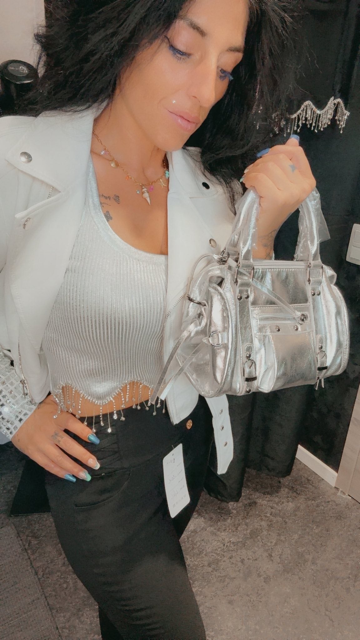 Débardeur métallise avec perles strass tombantes