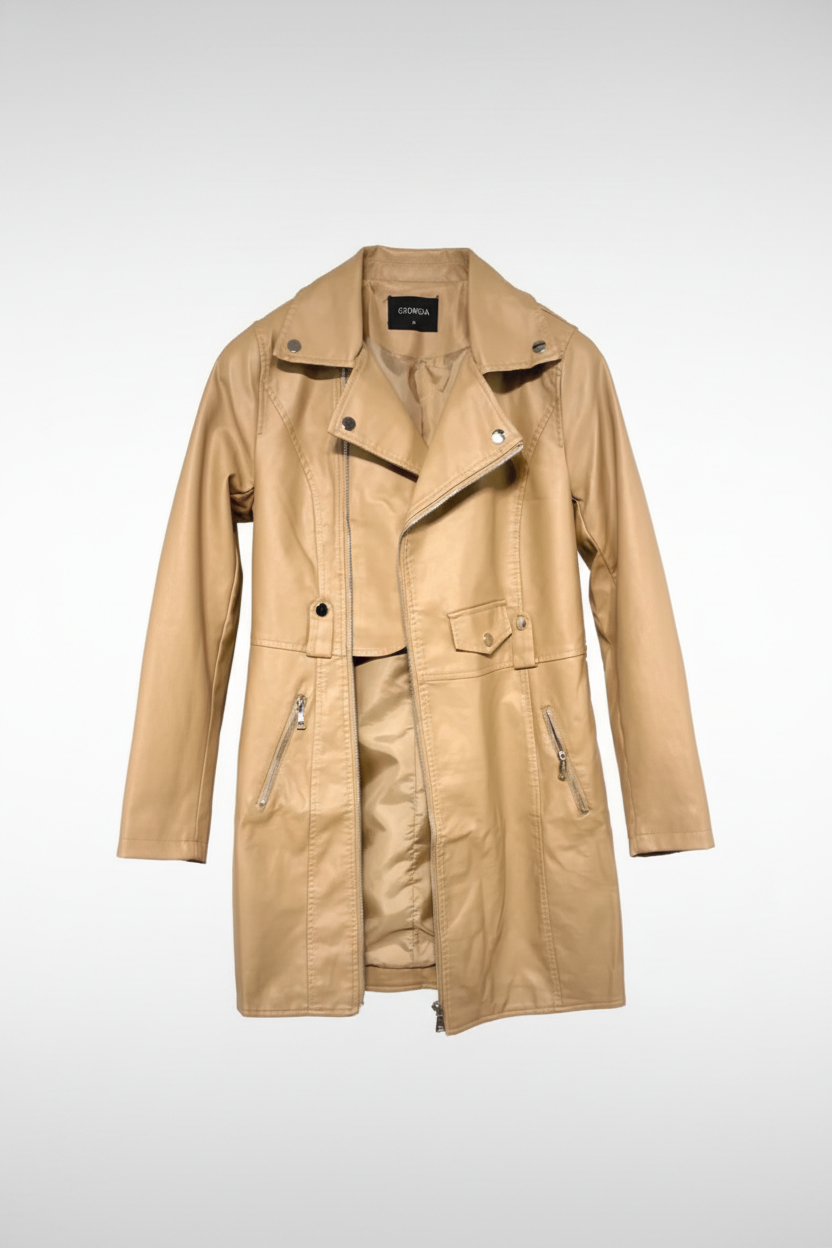 Veste mi-longue en similicuir Camel