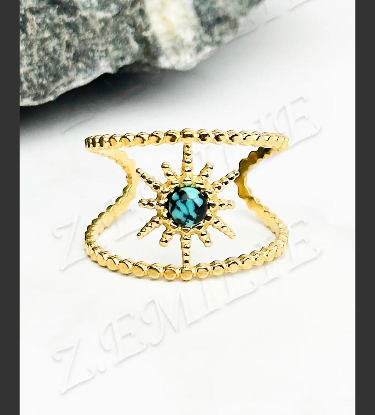 Bague acier étoile polaire avec pierre malachite