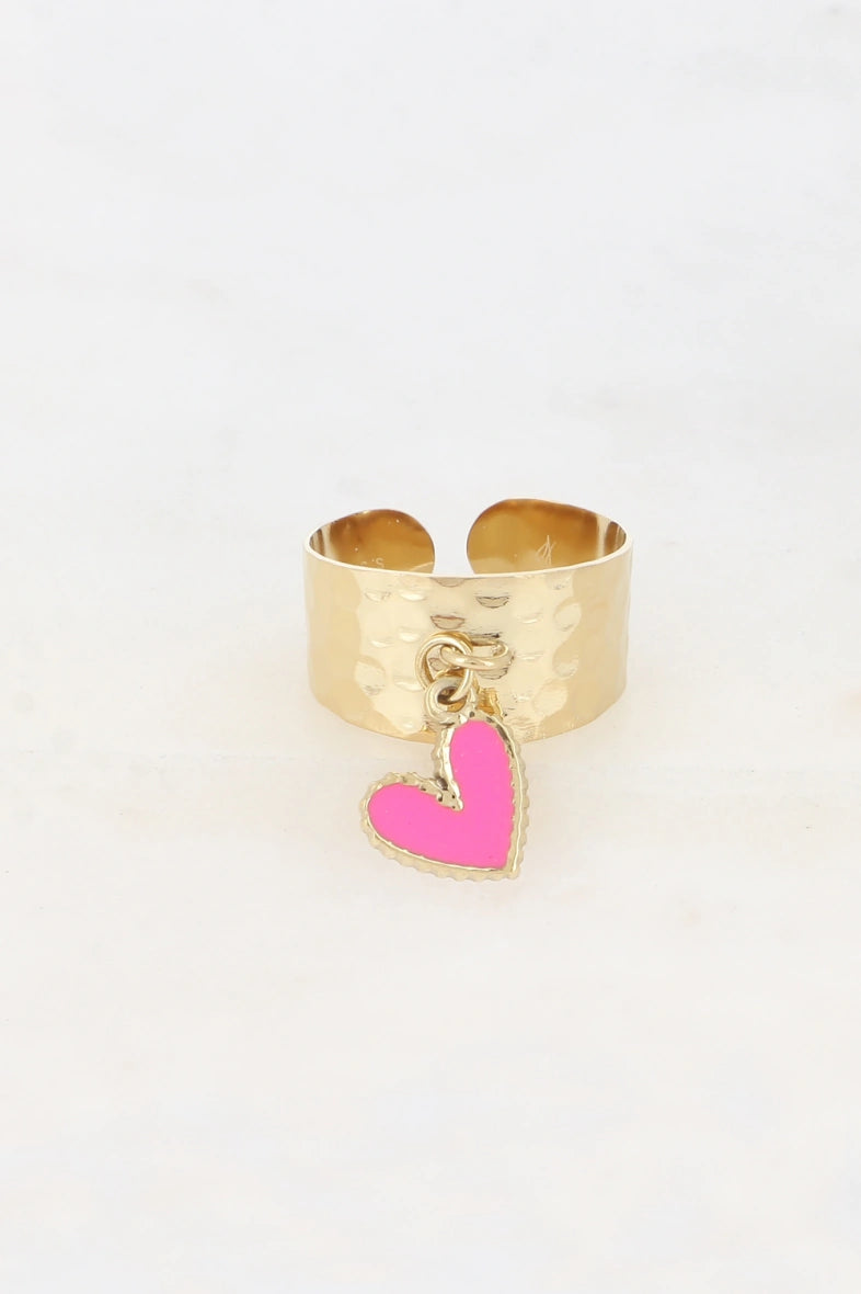 Bague - anneau martelé & pampille coeur émaillé Bohm