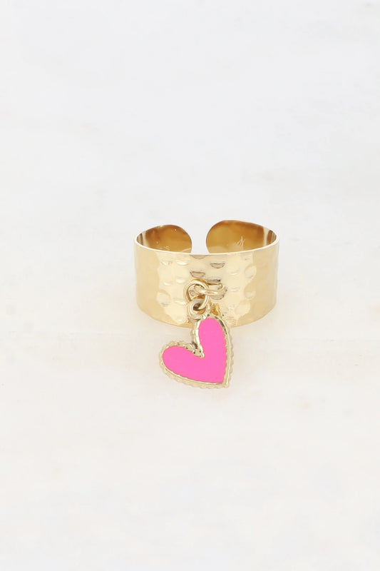 Bague - anneau martelé & pampille coeur émaillé Bohm