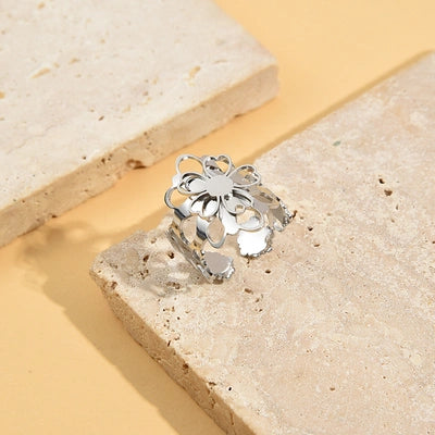 Bague Dorée ET argente Large Fleurs En Couches Ajustable Eclat Paris