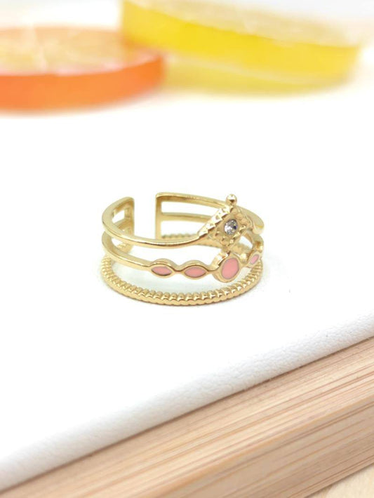 Bague Doré réglable à couleur Rose et strass en acier inoxydable Glam Chic