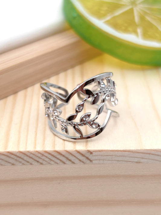Bague feuilles continue et strass réglable en acier inoxydable Glam Chic
