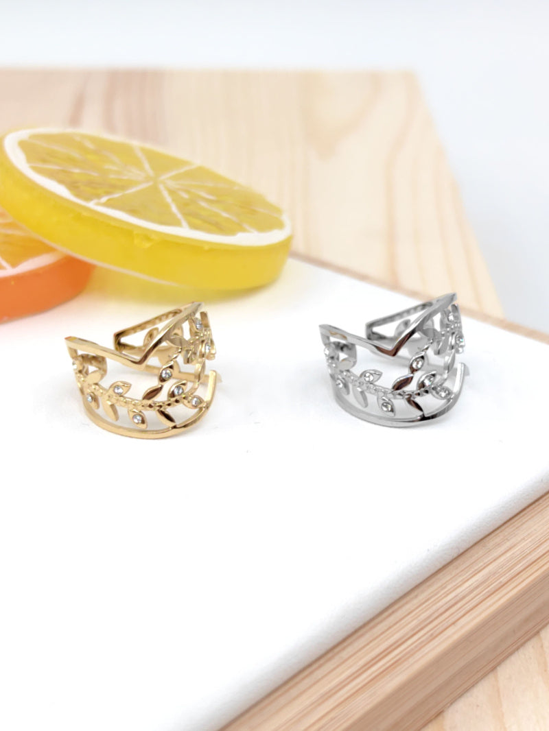 Bague feuilles continue et strass réglable en acier inoxydable Glam Chic