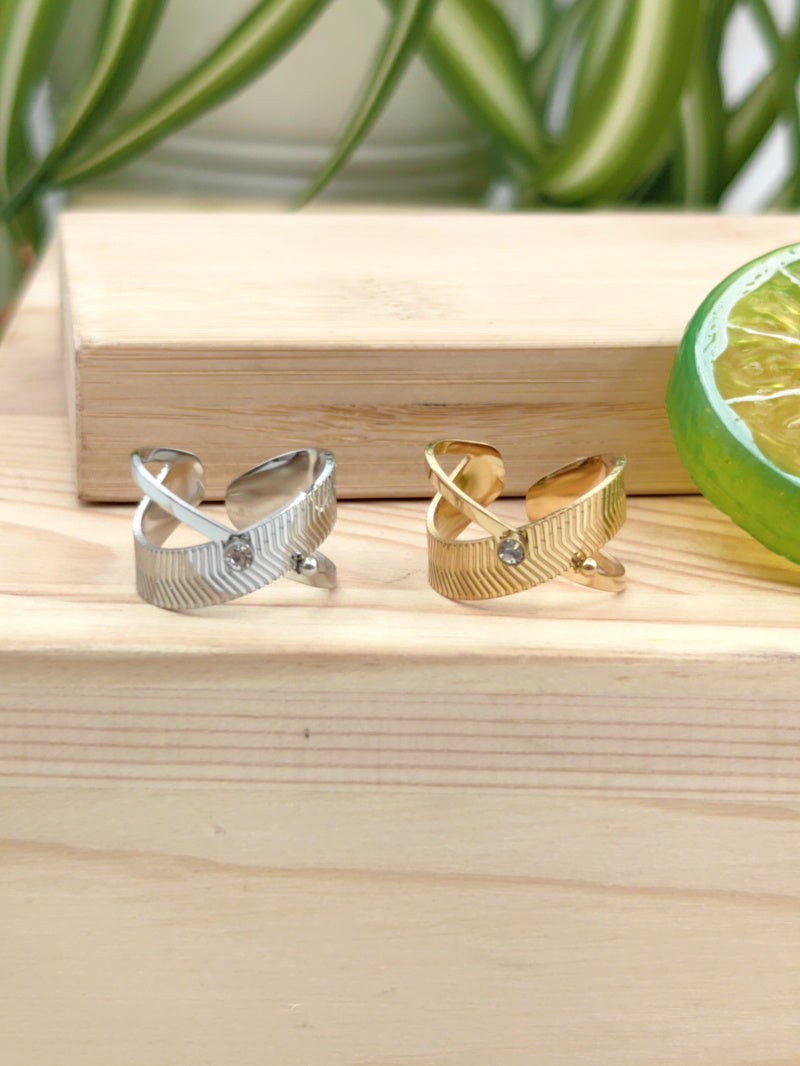 Bague croisé a strass et mini perle argenté réglable en acier inoxydable Glam Chic