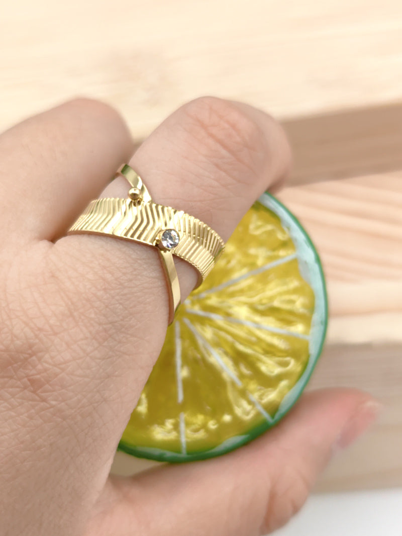 Bague croisé a strass et mini perle argenté réglable en acier inoxydable Glam Chic