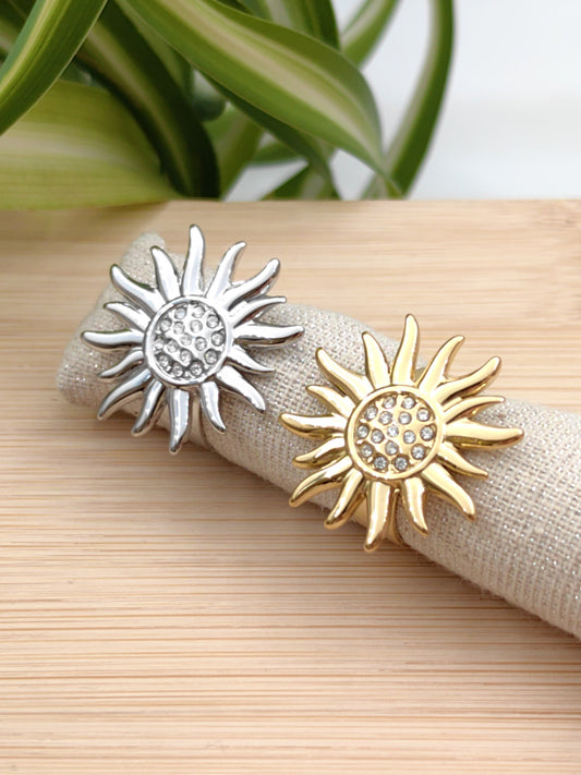Bague réglable soleil avec strass en acier inoxydable