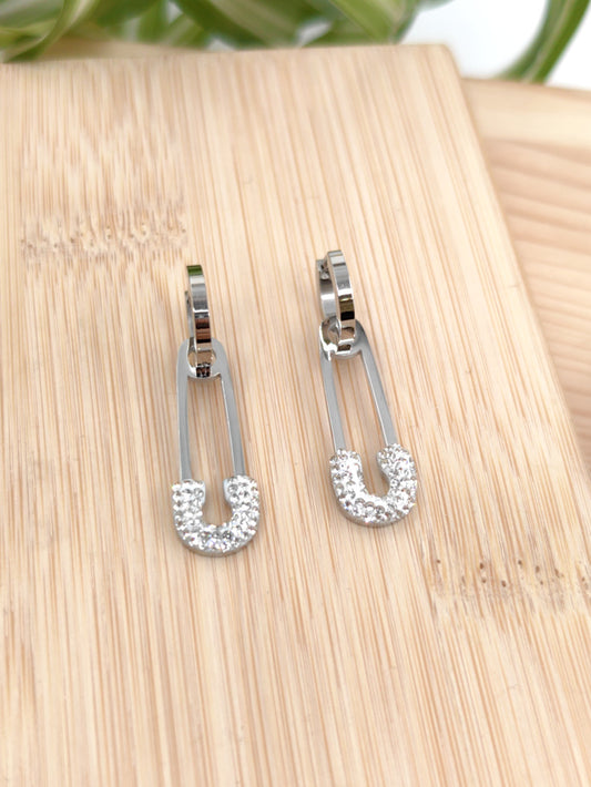 Boucle d'oreille creole  épingle a nourrice  avec strass en acier inoxydable Glam Chic