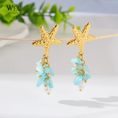 BOUCLES D'OREILLES  ETOILE ET PERLES COULEURS EN ACIER INOXYDABLE