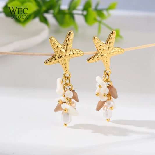 BOUCLES D'OREILLES  ETOILE ET PERLES COULEURS EN ACIER INOXYDABLE