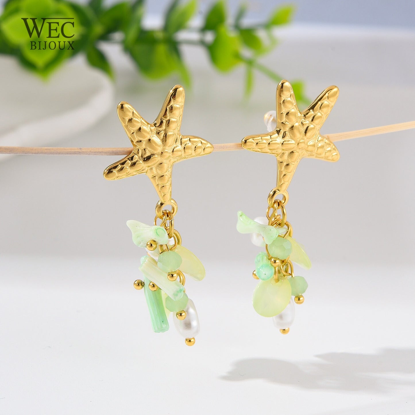 BOUCLES D'OREILLES  ETOILE ET PERLES COULEURS EN ACIER INOXYDABLE