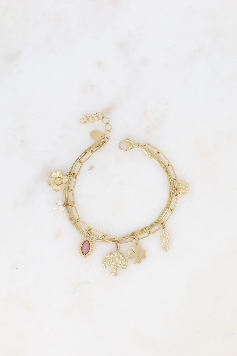 Bracelet 2 rangs - maille miroir avec fleur, trèfle, arbre de vie, plume Böhm