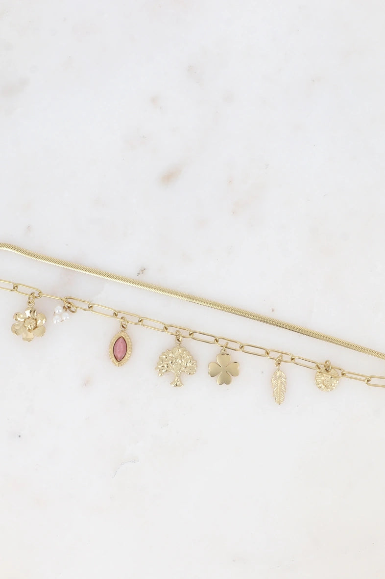 Bracelet 2 rangs - maille miroir avec fleur, trèfle, arbre de vie, plume Böhm