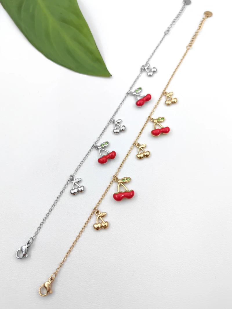 Bracelet à breloques cerises en acier inoxydable