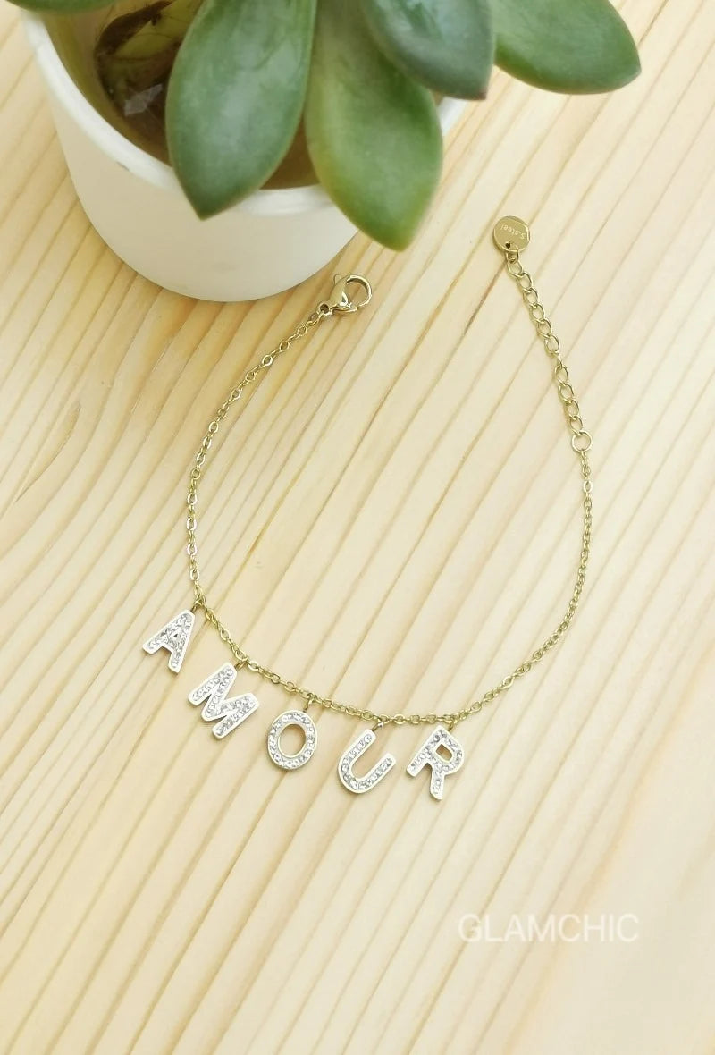 Bracelet AMOUR avec strass en acier inoxydable Glam Chic