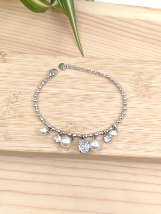 Bracelet perles blanches et strass en acier inoxydable Glam Chic