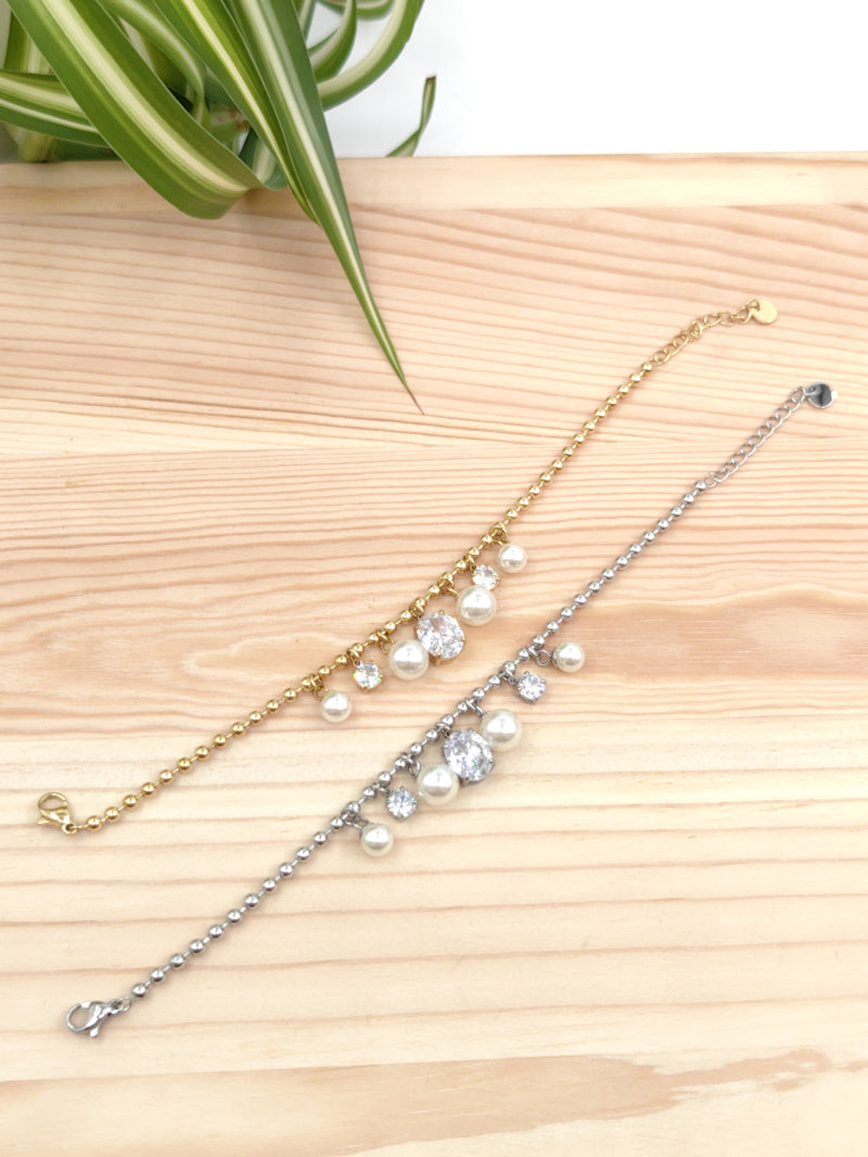 Bracelet perles blanches et strass en acier inoxydable Glam Chic