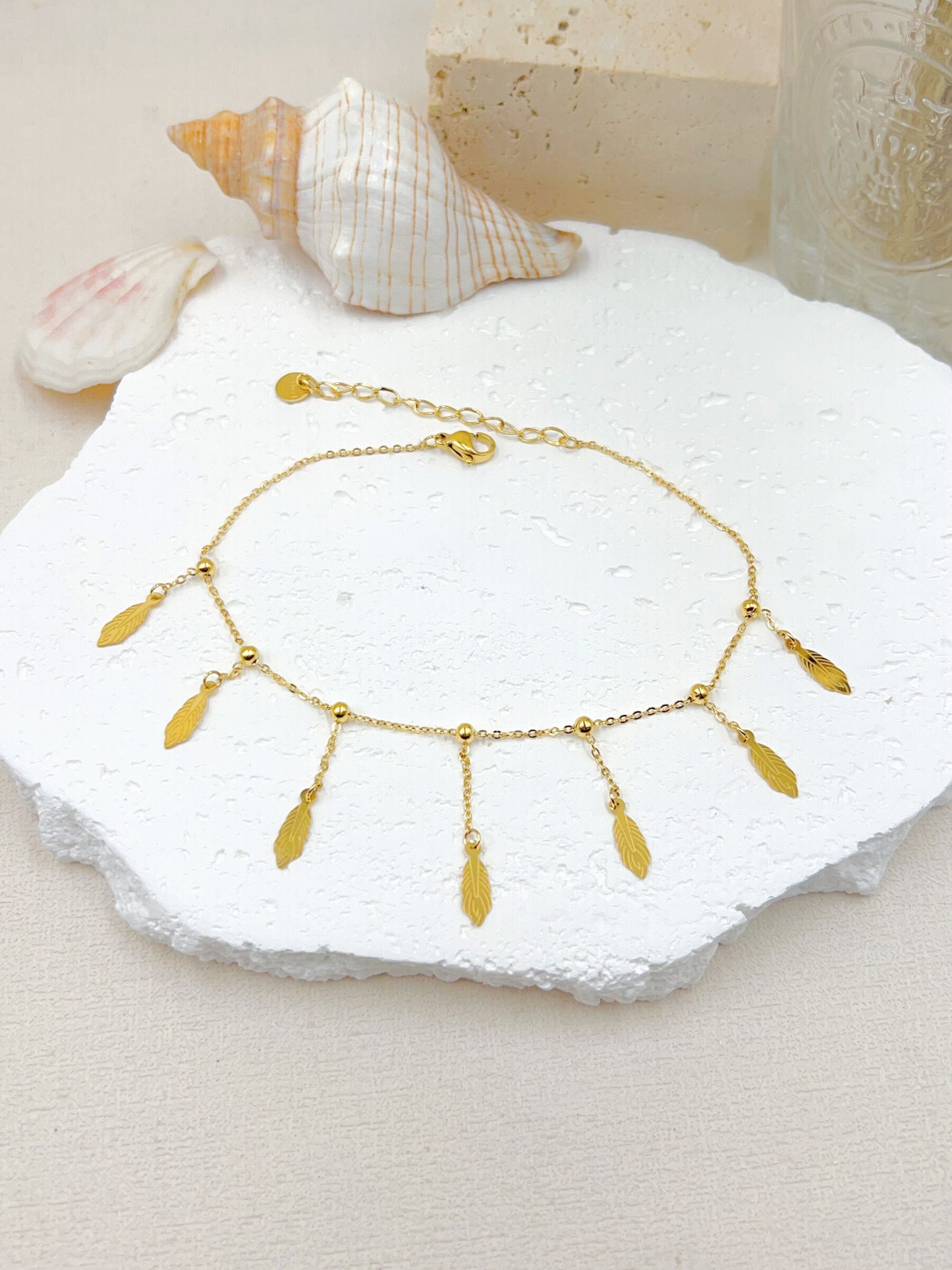 CHAINE DE CHEVILLE FEUILLES  EN ACIER INOXYDABLE