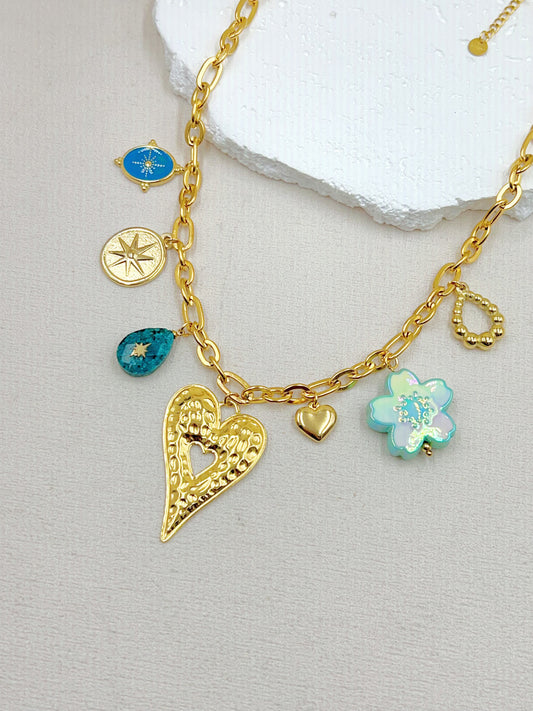 COLLIER EN ACIER INOXYDABLE CHARMS COEUR + FLEUR