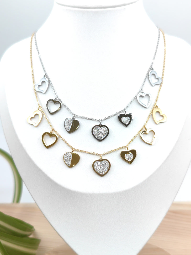 Collier pendent 7 cœurs strass et autres modèles en acier inoxydable Glam Chic