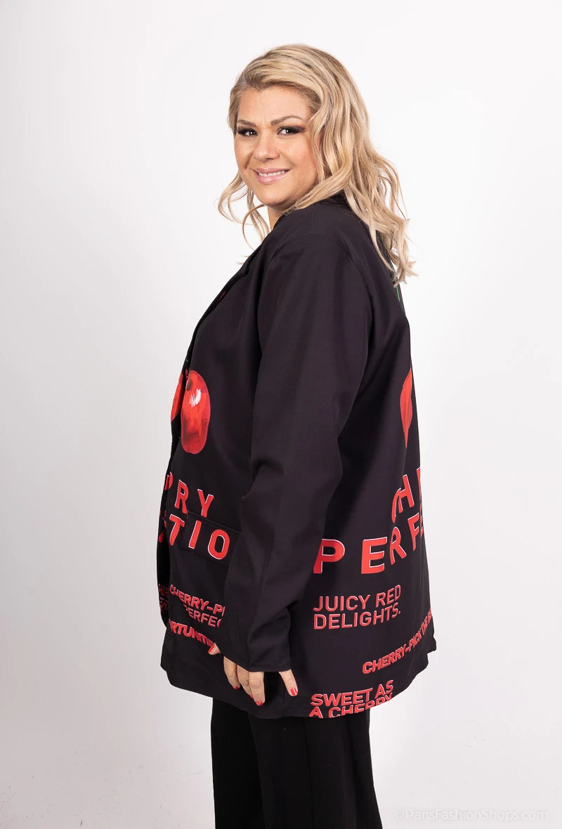 Amy&Clo - Blazer plus size noir imprimé "Cerise Perfection"