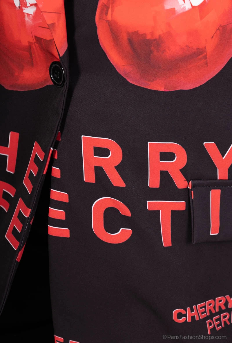 Amy&Clo - Blazer plus size noir imprimé "Cerise Perfection"