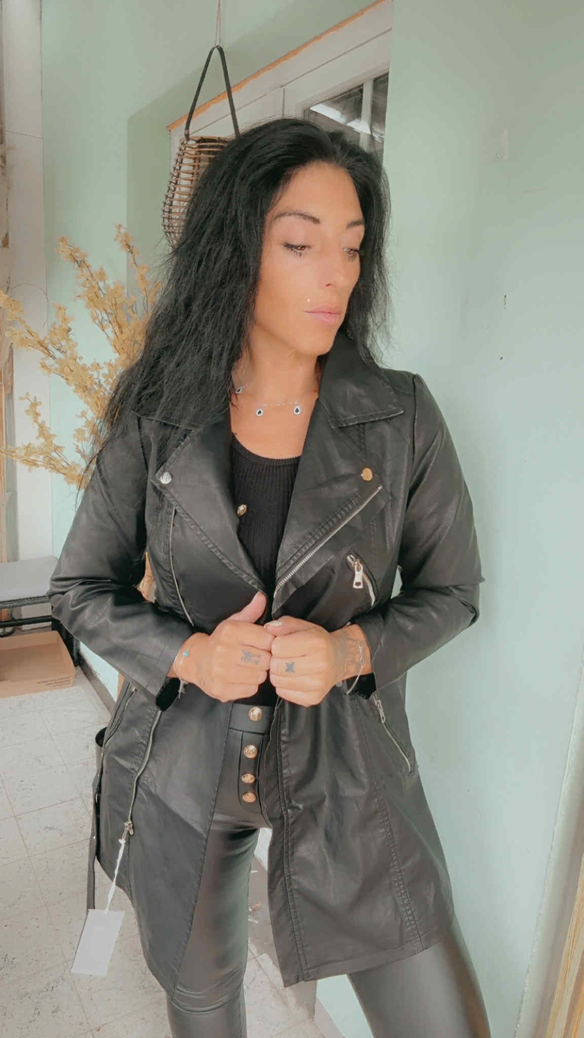 Trench mi long simili cuir à ceinture